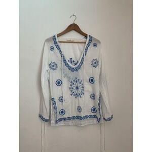Surf Gypsy Bohemian Embroidery Coverup Sz M Tunic Long Sleeve White Blue Peasant